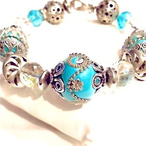 Size Small Beautiful Beaded Turquoise and Silver Summer Bracelet.